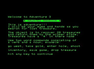 Adventure 3: Haunted Mansion (Commodore PET/CBM) screenshot: Game instructions