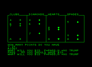 Bridge Bidding Trainer (Commodore PET/CBM) screenshot: I'm sorry! Please don't shout!