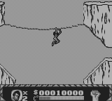 Cliffhanger (Game Boy) screenshot: Brachiating along a line someone put there for some reason.