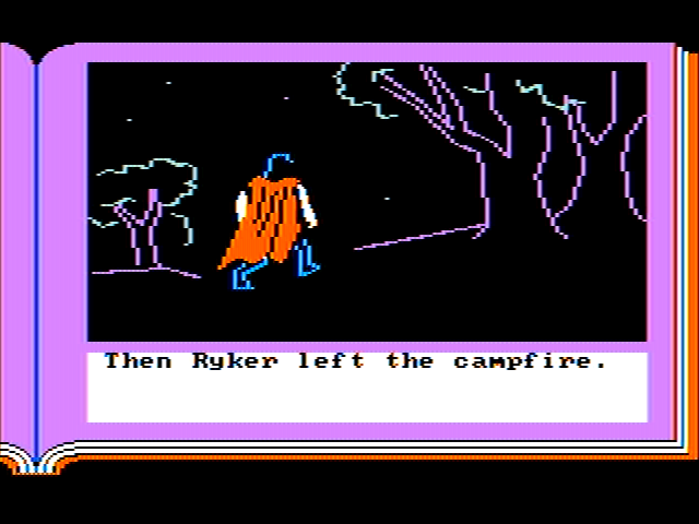 ZorkQuest: Assault on Egreth Castle (PC Booter) screenshot: Our dashing scout stalks off into the night (CGA, composite)