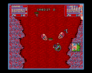 Toobin' (Amiga) screenshot: Attacked by skulls on a river of blood!