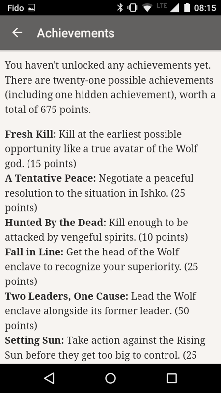 Avatar of the Wolf (Android) screenshot: This game has a built-in achievements system