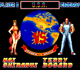 Fatal Fury 2 (TurboGrafx CD) screenshot: Match-up: Mai vs. Terry