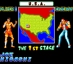 Fatal Fury Special (TurboGrafx CD) screenshot: Match-ups also show the country of the opponent