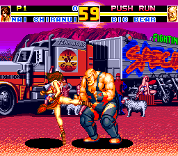 Fatal Fury Special (TurboGrafx CD) screenshot: Mai kicks Big Bear where it hurts most...