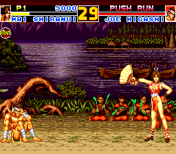Fatal Fury Special (TurboGrafx CD) screenshot: Mai is doing her victory pose. Buddhist monks are watching respectfully
