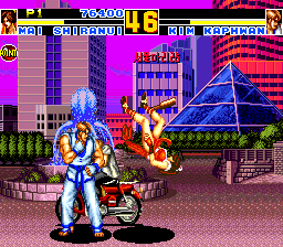 Fatal Fury Special (TurboGrafx CD) screenshot: ...until night descended. Kim elegantly kicked Mai into the air. The biker began to understand what was going on
