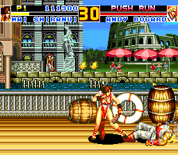 Fatal Fury Special (TurboGrafx CD) screenshot: Mai defeats Andy in Italy, and those cute chicken are watching