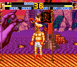 Fatal Fury Special (TurboGrafx CD) screenshot: Looks like Mai is tap-dancing on this new guy's head :) Note how the head changed into a hand in the background