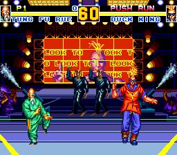 Fatal Fury Special (TurboGrafx CD) screenshot: The old Chinese master desperately tries to keep up with the disco rhythm