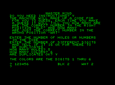 Screenshot of Master Mind (Commodore PET/CBM, 1980) - MobyGames