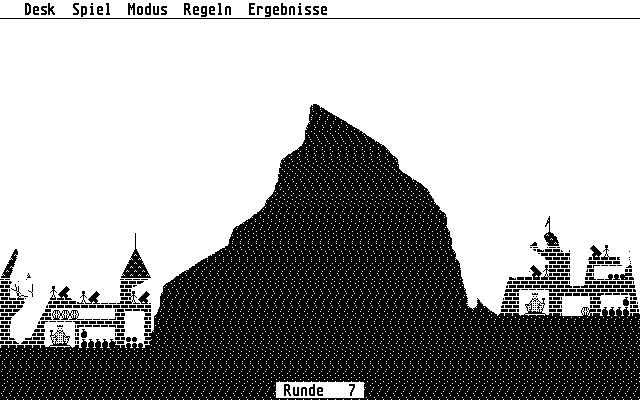 Ballerburg (Atari ST) screenshot: The right-side player just hit one of the left-side player's cannons