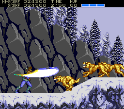Strider (TurboGrafx CD) screenshot: Snowy region. Fighting animals