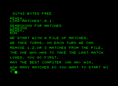 Matches (Commodore PET/CBM) screenshot: Instructions