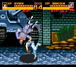 World Heroes 2 (TurboGrafx CD) screenshot: Throwing this guy against a wall reveals... a tank!