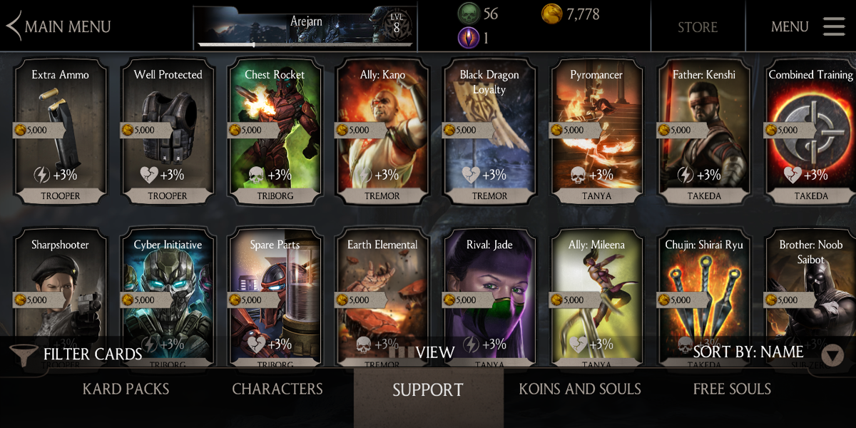 Mortal Kombat X (Android) screenshot: There are many bonus cards and items you can get from the in-game store.