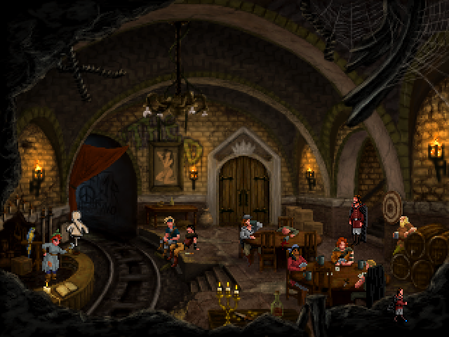 Quest for Infamy (Windows) screenshot: The thieves' den - here a Rogue can fence off stolen stuff and enter the underground tunnels - however, no-one may steal here!