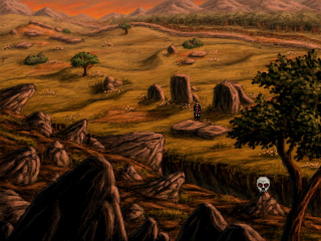 Quest for Infamy (Windows) screenshot: In this game there are quite a few panorama screens (such as the better-known mountaintop screen) - here's another one, in the southern part of the grasslands.