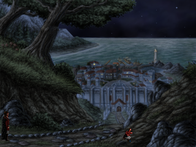 Quest for Infamy (Windows) screenshot: The panorama of Tyr, the Greco-Roman-styled port city, at night.