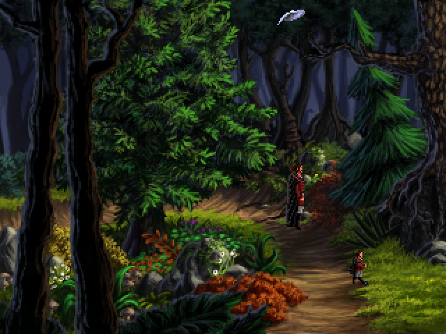 Quest for Infamy (Windows) screenshot: A beautiful part of the forest - relatively often you'll meet an enemy hiding behind the tree on the right.
