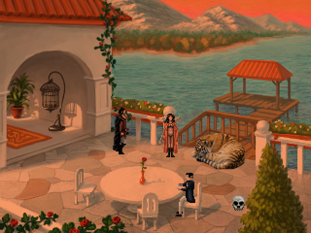 Quest for Infamy (Windows) screenshot: At one point or other, when trying to leave Tyr in the evening, you will be invited by the Mayor - when I was playing as a Rogue, it happened after I had already stolen his bird, hence the empty cage.