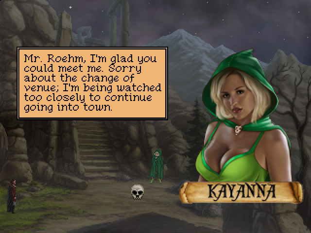 Quest for Infamy (Windows) screenshot: A meeting with the mysterious Kayanna - there is much more to her than just her blonde hair and big breasts...