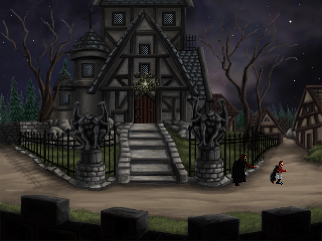 Quest for Infamy (Windows) screenshot: This house belongs to Prospero the wizard. If you choose the Sorcerer path, you'll interact with him quite much, at least until you learn all spells he can teach you and complete a quest for him.