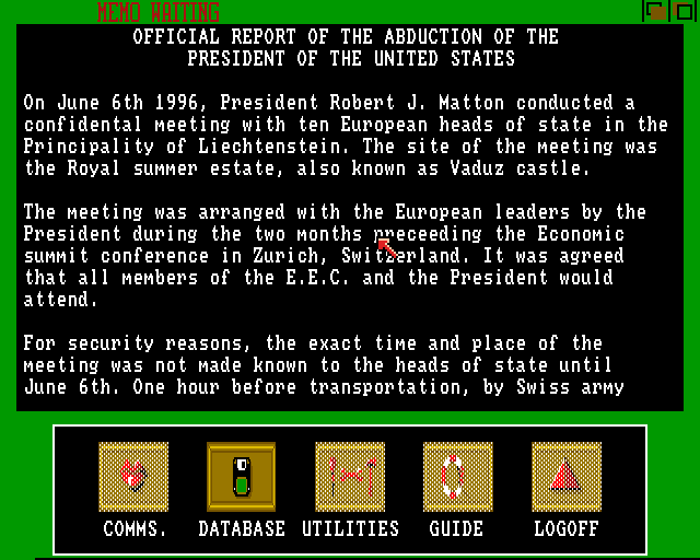 The President is Missing (Amiga) screenshot: The official report on the abduction.