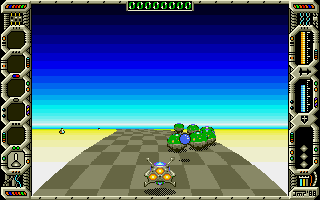 Eliminator (Amiga) screenshot: Battling strange monsters on the road.