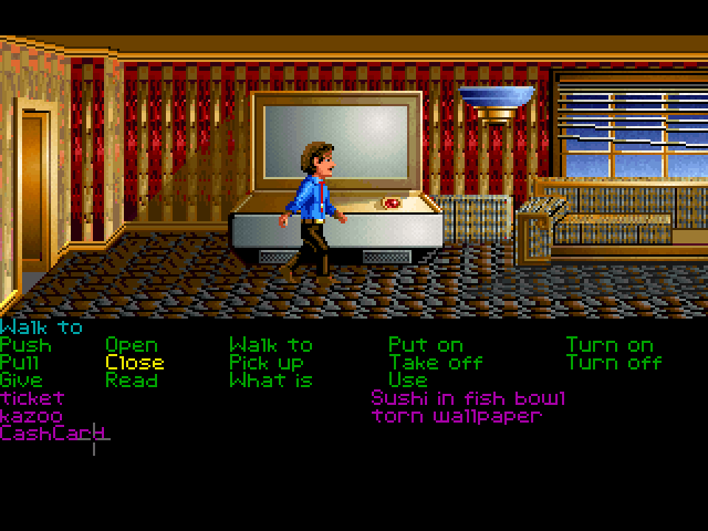 Zak McKracken and the Alien Mindbenders (Windows) screenshot: Zak has an arcade machine in his apartment (GOG release, FM Towns version)