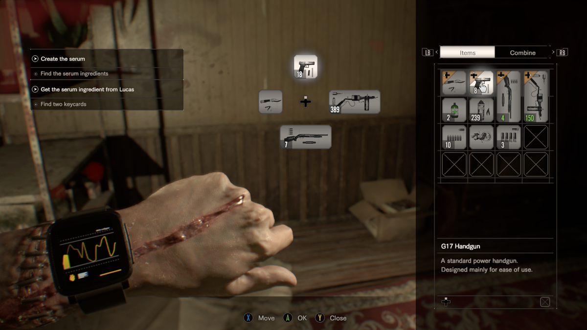 Resident Evil 7: Biohazard (Windows) screenshot: Inventory, equipped weapons, health status and objectives -- all conveniently shown in a single screen