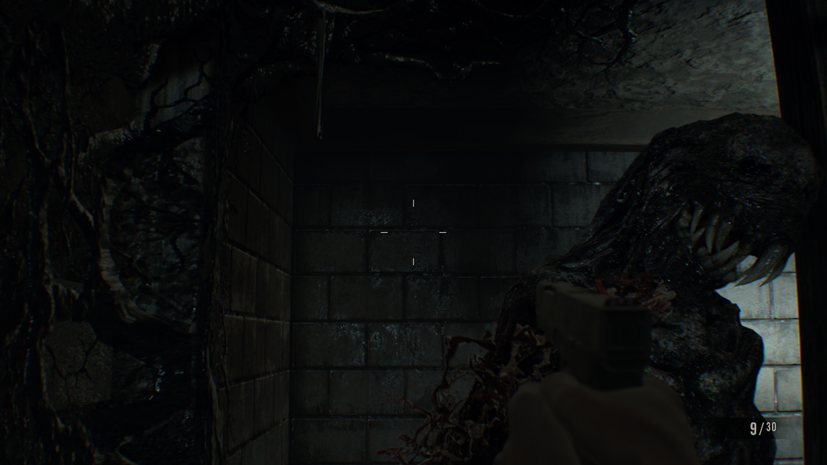 Resident Evil 7: Biohazard (Windows) screenshot: The Molded move in such patterns that you'll often waste ammo trying to shoot them in the head (until you get good, of course)