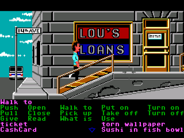 Zak McKracken and the Alien Mindbenders (Windows) screenshot: Heading to Lou's Loans (GOG release, Floppy version)
