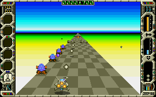 Eliminator (Amiga) screenshot: Defeat the monsters and dodge obstacles.