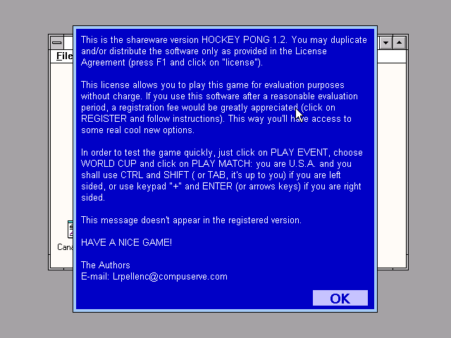 Hockey Pong (Windows 3.x) screenshot: It all starts with this shareware reminder
