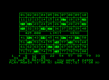 Keno (Commodore PET/CBM) screenshot: I didn't win anything