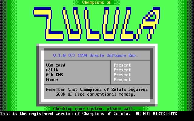 <small>Champions of Zulula (DOS) screenshot:</small><br> Splash screen