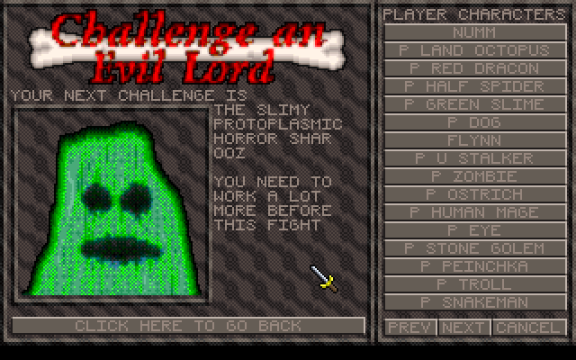 Champions of Zulula (DOS) screenshot: Challenge the evil bosses, if you dare...