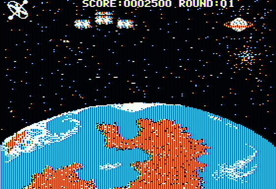 Argos (Apple II) screenshot: Shooting missiles at the aliens