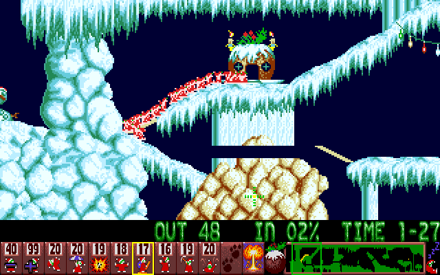 Xmas Lemmings (Amiga) screenshot: Level 2 gameplay 2