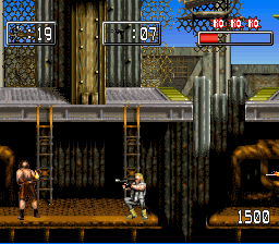 Waterworld (SNES) screenshot: 2D shooter section. Again, eliminate all the Smokers.