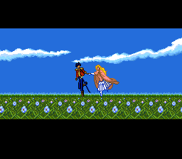 Tenshi no Uta II: Datenshi no Sentaku (TurboGrafx CD) screenshot: Okay: a young couple in a flower field, and the girl's name is RHIANNA. Did <moby game="final fantasy Viii"> this famous game</moby> steal something here?.. :)