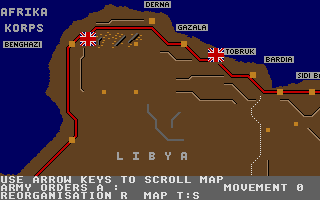 Afrika Korps (Atari ST) screenshot: Game is started. Game menu is below.