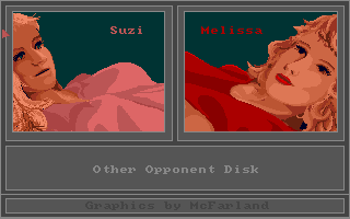 Strip Poker: A Sizzling Game of Chance (Amiga) screenshot: Choose to play against Suzi or Melissa.