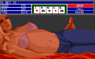 Strip Poker: A Sizzling Game of Chance (Amiga) screenshot: Suzi has lost her top.