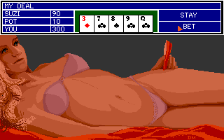 Strip Poker: A Sizzling Game of Chance (Amiga) screenshot: There go her jeans.