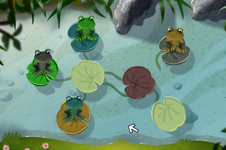 Teddy Floppy Ear: Kayaking (Windows) screenshot: The first minigame: make each frog jump to a leaf corresponding to its colour.