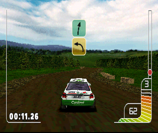 Colin McRae Rally (PlayStation) screenshot: Another lesson is a real rally stage, though a very simple one. What I particularly like about this game is the way direction arrows appear on the screen, very convenient