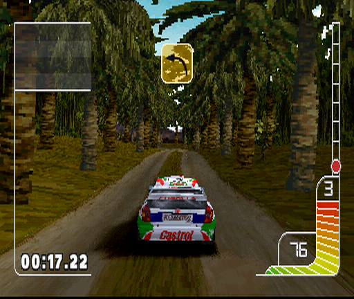 Colin McRae Rally (PlayStation) screenshot: This is Indonesia. One of the toughest challenges in the game: the road is narrow and very often moist, dirty with a mix of sand added in