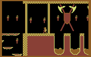 Quo Vadis (Commodore 64) screenshot: Crossing these lava pit traps takes perfect timing. One misstep and it's game over.